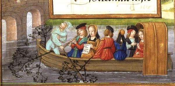 Ms 1058-1975 f.5v Hudebníci plavící se po řece, z „Vlámské knihy hodin“, cca 1500 (vellum) od Flemish School