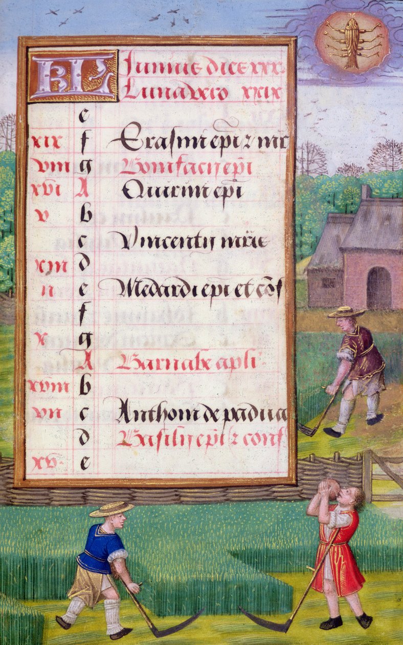Ms 1058-1975 f6r Kosení trávy, iluminovaný kalendářní list na červen z knihy hodin, asi 1500 (pergamen) od Flemish School