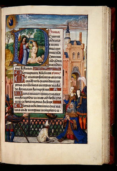 Ms 1058-1975, f.74r: Král David se modlí k Panně a Dítěti a historická iniciála D zobrazující stvoření Evy, z Knihy hodin, Bruggy, kolem 1510 (zlatý inkoust a tempera na pergamenu) od Flemish School