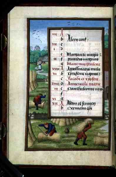 Ms 1058-1975 f7v Vázání a nošení snopů, iluminovaný kalendářní list na červenec, z knihy hodin, asi 1500 (pergamen) od Flemish School