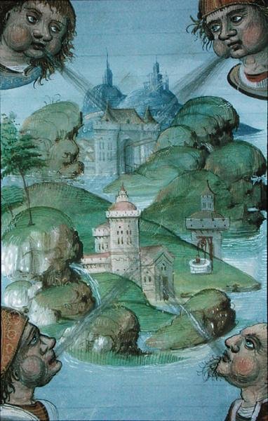 Paní Hunter 9 f.47v Čtyři větry vanoucí v rozích na mořskou krajinu, z „De Medina Fen I. II, od Avicenny (980-1037)“ (vellum) od Flemish School