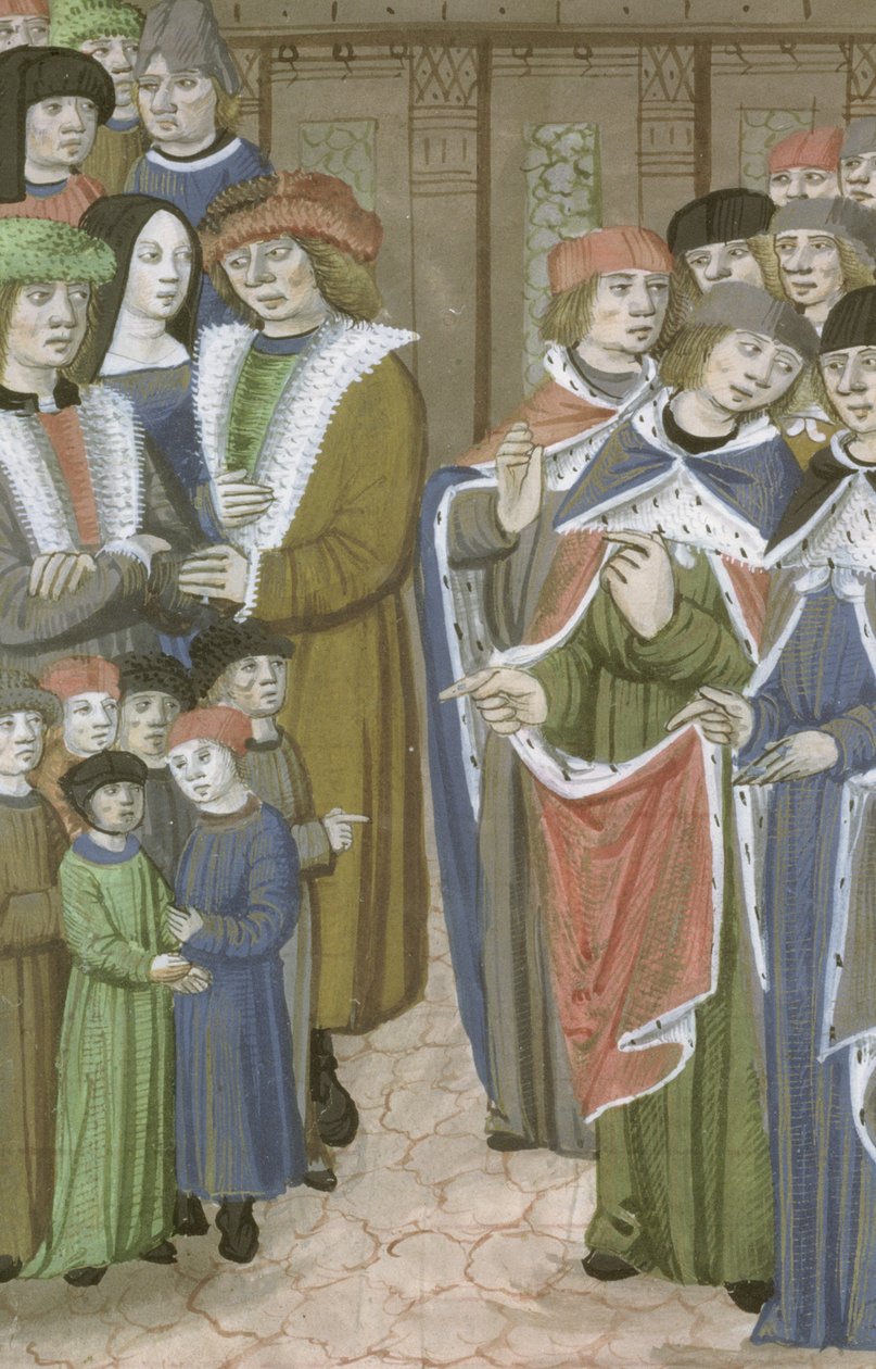 Ms Hunter 9 f.68v Skupina lékařů, mužů, žen a dětí, z De Medina Fen I. II, Avicenna (980-1037) od Flemish School