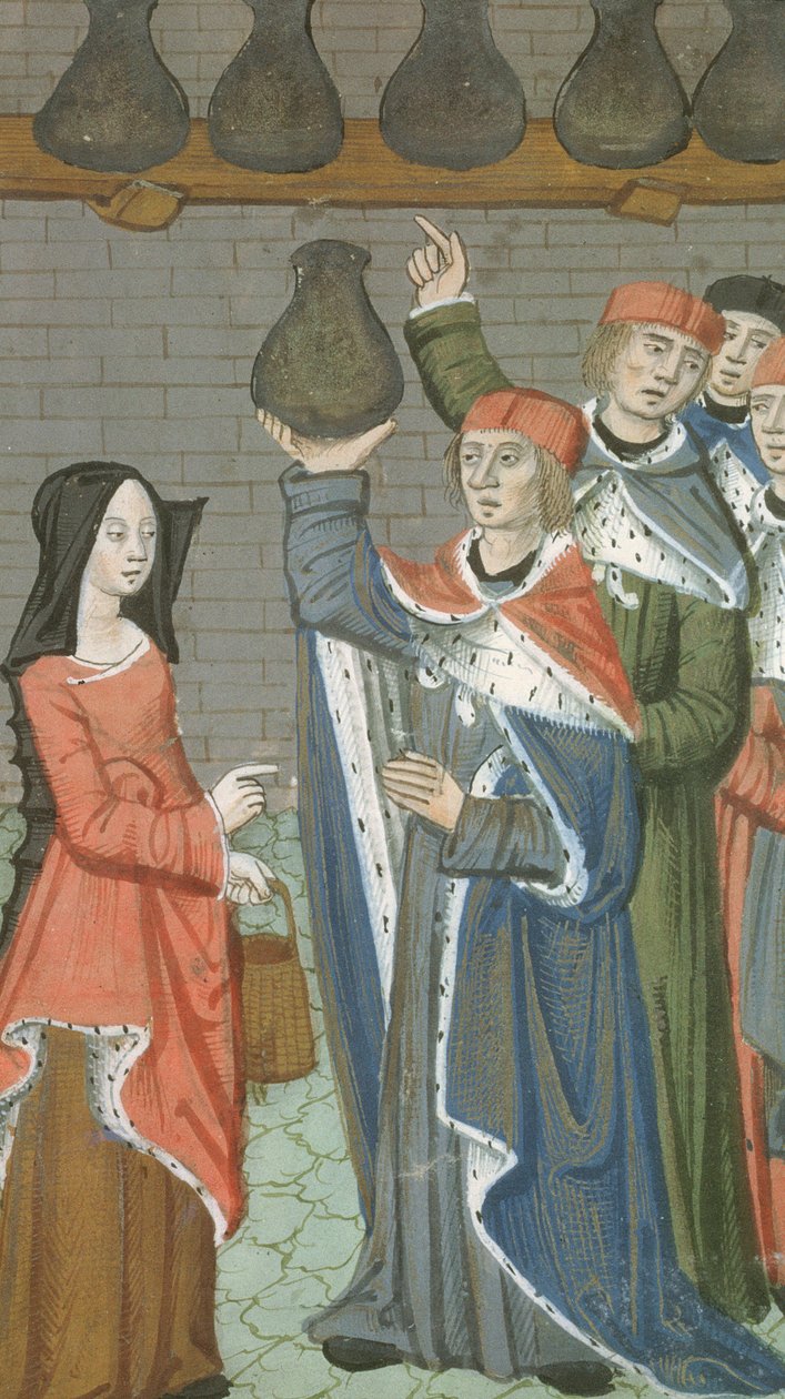 Ms Hunter 9 f.84r Žena s košíkem přinášejícím urinalis magnus, z De Medina Fen I. II, od Avicenny (980-1037) od Flemish School