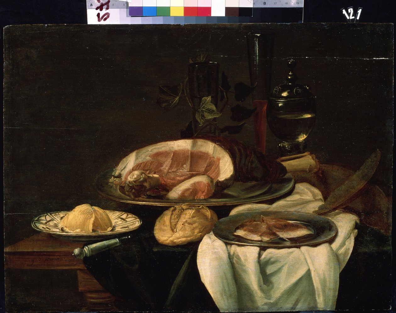 "Zátiší" (Zátiší) Šunka, chléb a máslo. Holandská školní malba. 1650 Michail Kroshitsky Art Museum, Sevastopol (Sevastopol) Ukrajina od Flemish School
