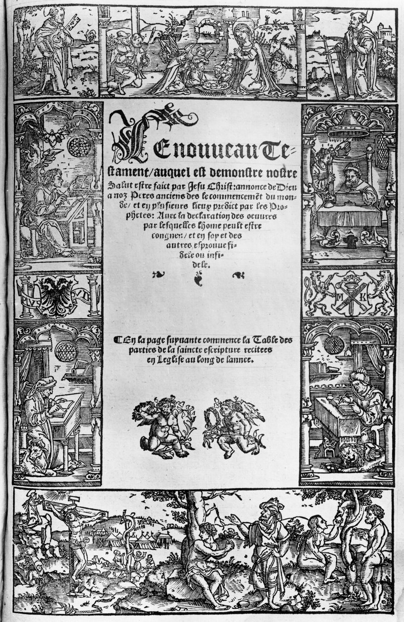 Titulní strana nového zákona francouzského překladu Jacquese Lefevre dEtaplese (1450?-1537) vydaného v Antverpách roku 1531 od Flemish School