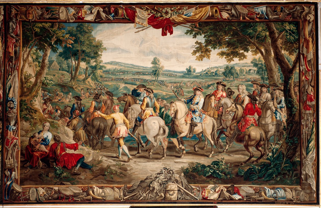Zámek (Schlossanlage Schleißheim). Vlámský gobelín. Bruselský ateliér Judocus De Vos. Design Lambert De Hondt. Pochod (La Marche). Rozměr 400 x 640 cm. Vlna a hedvábí. Asi 1715-1724. od Flemish School