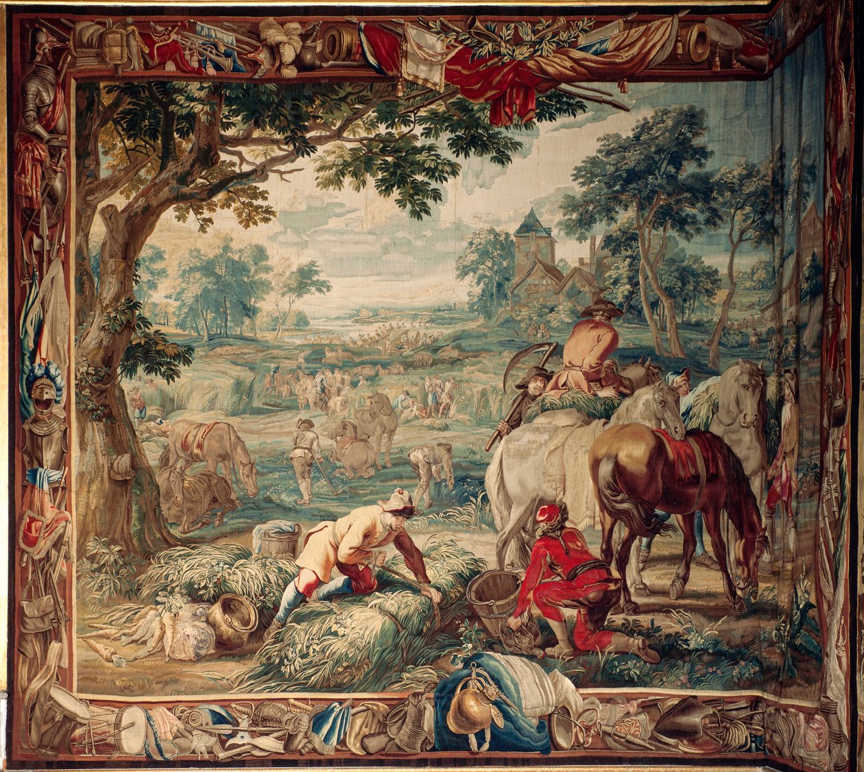 Zámek (Schlossanlage Schleißheim). Vlámský gobelín. Bruselský ateliér Judocus De Vos. Design Lambert De Hondt. Krmení (shánění potravy). Rozměr 400 x 510 cm. Vlna a hedvábí. Asi 1715-1724. od Flemish School
