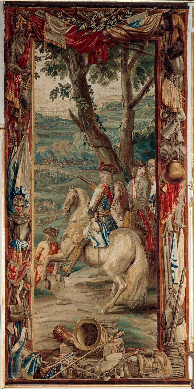 Zámek (Schlossanlage Schleissheim). Vlámský gobelín. Bruselské studio Judocus De Vos. Design Lambert De Hondt. Maxmilián II Emanuel (Maximilián Emmanuel a dva pěšáci). Rozměr 400 x 175 cm. Vlna a hedvábí. Přibližně 1715 - 1724. od Flemish School