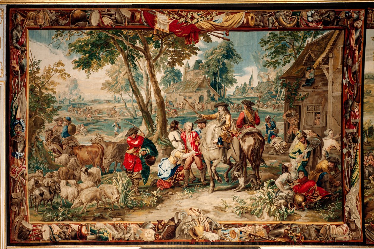 Zámek (Schlossanlage Schleißheim). Vlámský gobelín. Bruselský ateliér Judocus De Vos. Design Lambert De Hondt. Drancování (plundrování). Rozměr 400 x 595 cm. Vlna a hedvábí. Asi 1715-1724. od Flemish School