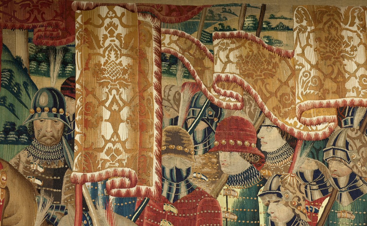 Farní muzeum tapisérií (Parish Museum of Pastrana Tapestries). Vlámský gobelín. Conquest of Tanger (Taking of Tanger, De inname van Tanger). Seriál Dobytí portugalského krále Alfonse I. Tournai. Vlna a hedvábí od Flemish School