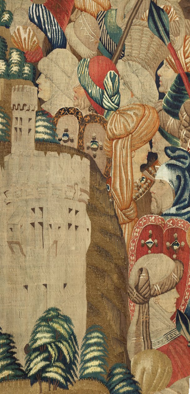 Farní muzeum tapisérií (Parish Museum of Pastrana Tapestries). Vlámský gobelín. Conquest of Tanger (Taking of Tanger, De inname van Tanger). Seriál Dobytí portugalského krále Alfonse I. Tournai. Vlna a hedvábí od Flemish School