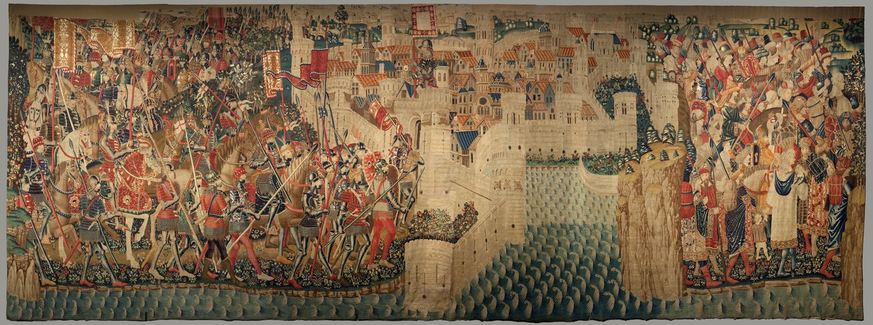 Farní muzeum tapisérií (Parish Museum of Pastrana Tapestries). Vlámský gobelín. Conquest of Tanger (Taking of Tanger, De inname van Tanger). Seriál Dobytí portugalského krále Alfonse I. Tournai. Vlna a hedvábí od Flemish School