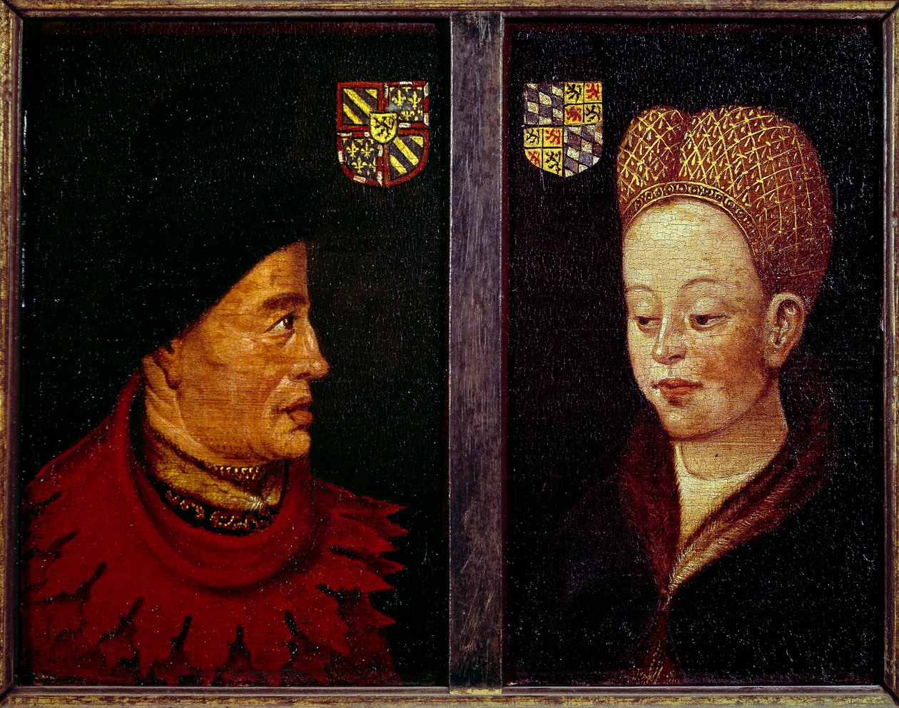 Portrét Jana beze strachu, vévody burgundského (1371-1419) a Marguerite de Baviere, vévodkyně Burgundské (1363-1423) Dřevomalba vlámské školy. Gent z 15. století, Muzeum výtvarných umění od Flemish School