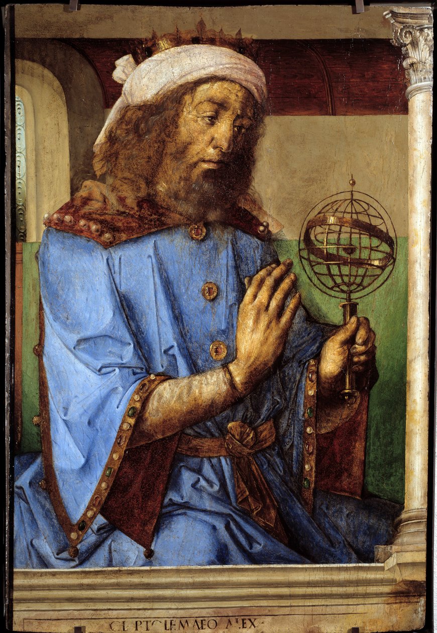Portrét Ptolemae (Claudius Ptolemaeus, ca. 90-168), řeckého astronoma. Obraz Pedro Berruguete (asi 1450-před 1504) a Just Of Ghent (1435-1480) Ec. Podvod od Flemish School