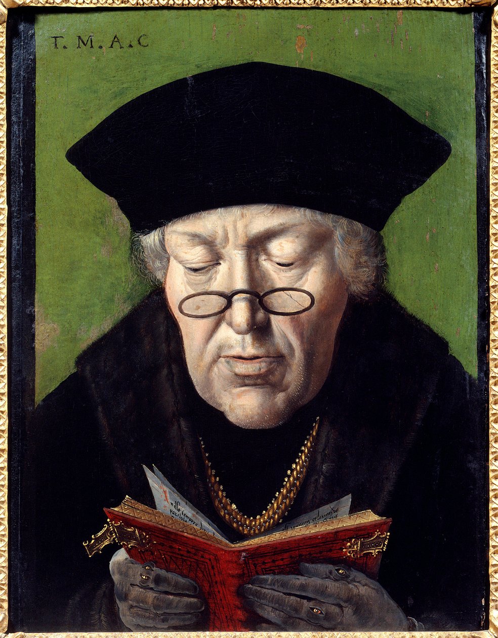 Portrét Thomase Morea (1478-1535), humanisty. Humanista je zastoupen s brýlemi při čtení knihy. Malba vlámské školy od Flemish School