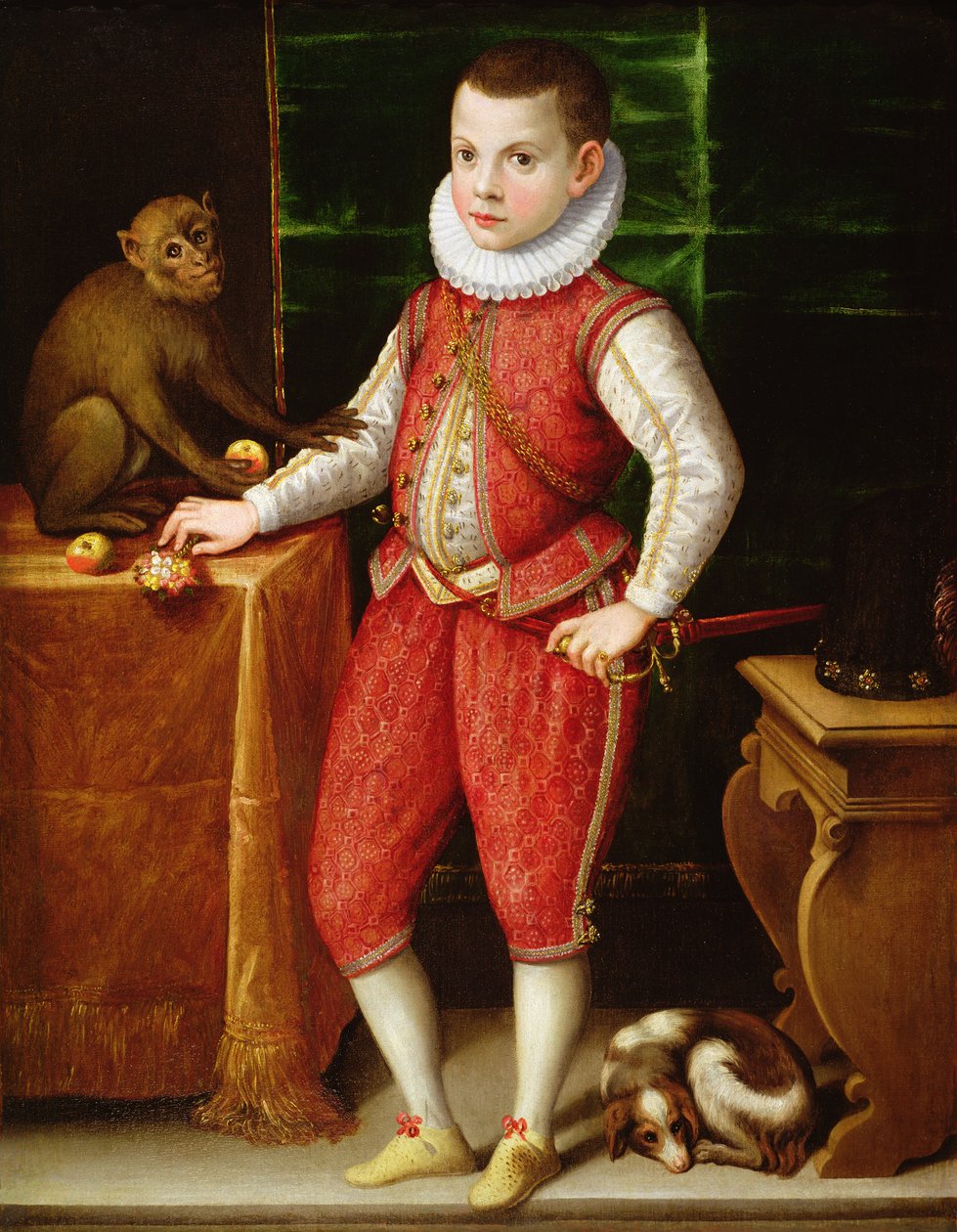 Portrét mladého šlechtice s opicí a psem, kolem roku 1615 od Flemish School