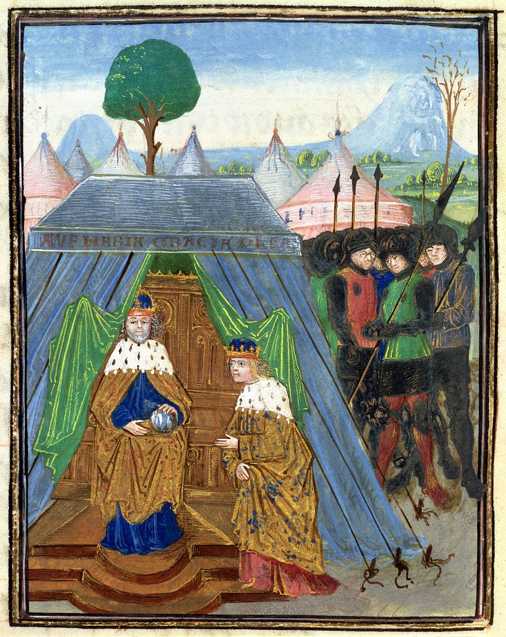Roy 15 E I f.321v Baldwin II navštěvuje Manuela Comnena, z Příběhu Zámoří (vellum) . od Flemish School