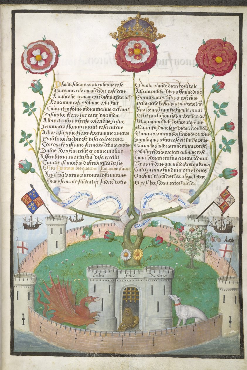 Royal MS 11 E Xl fol. 2 Verše se symboly Tudora, kolem 1516 (vellum) od Flemish School