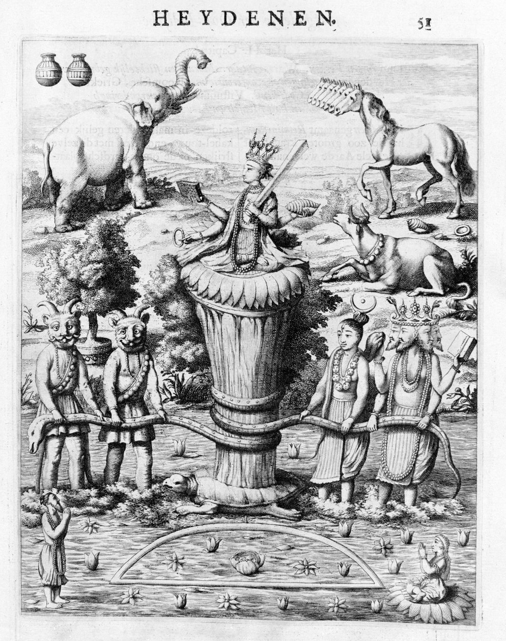 Samudramathana, za účasti Devy (Surya, Shiva, Vishnu, Brahma) s démony a horami. Podle Baldaea Philippa Afgoderye der oost-indische Heydenen. Amsterdam 1672 od Flemish School
