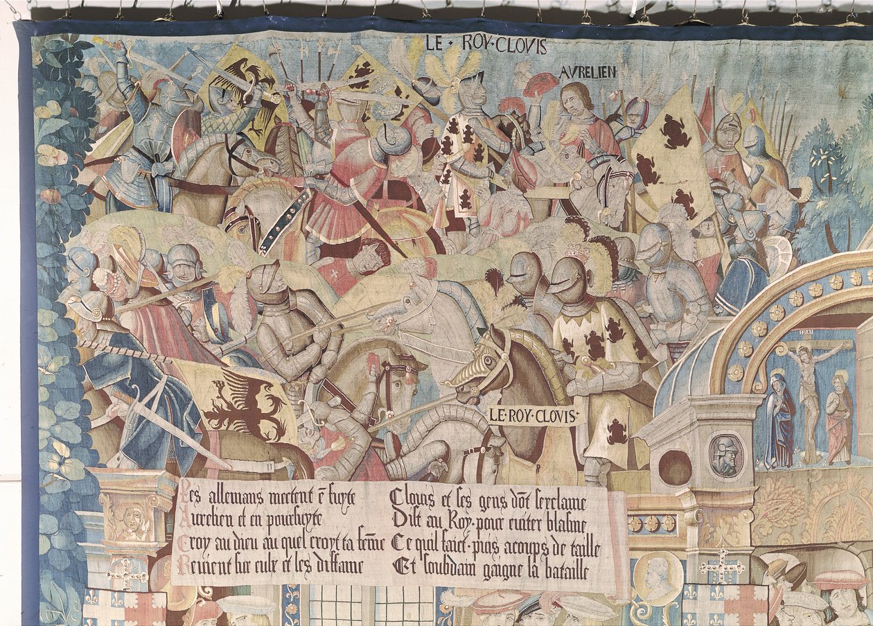 Scény ze života svatého Remegia († 553) detail Chlodvíka I. (465-511) v bitvě u Tolbiacu proti Alamanům v roce 496 našeho letopočtu od Flemish School