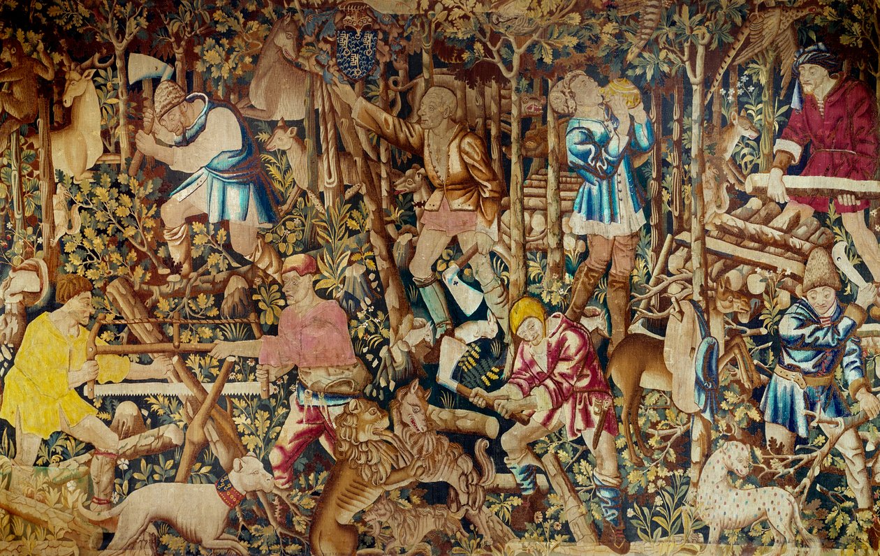 Scény sklizně a dřevorubce. Tapiserie vlámské školy. Tournai. Paříž 15. století, dekorativní umění od Flemish School