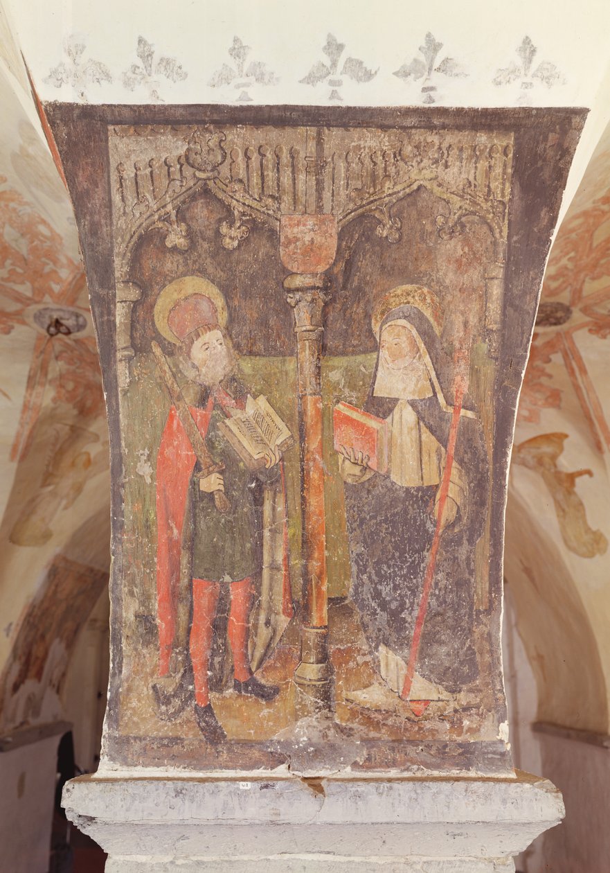 Sv. Bavo a sv. Amalberga z Maubeuge, nástěnná malba z krypty, kolem 1480-1540 od Flemish School