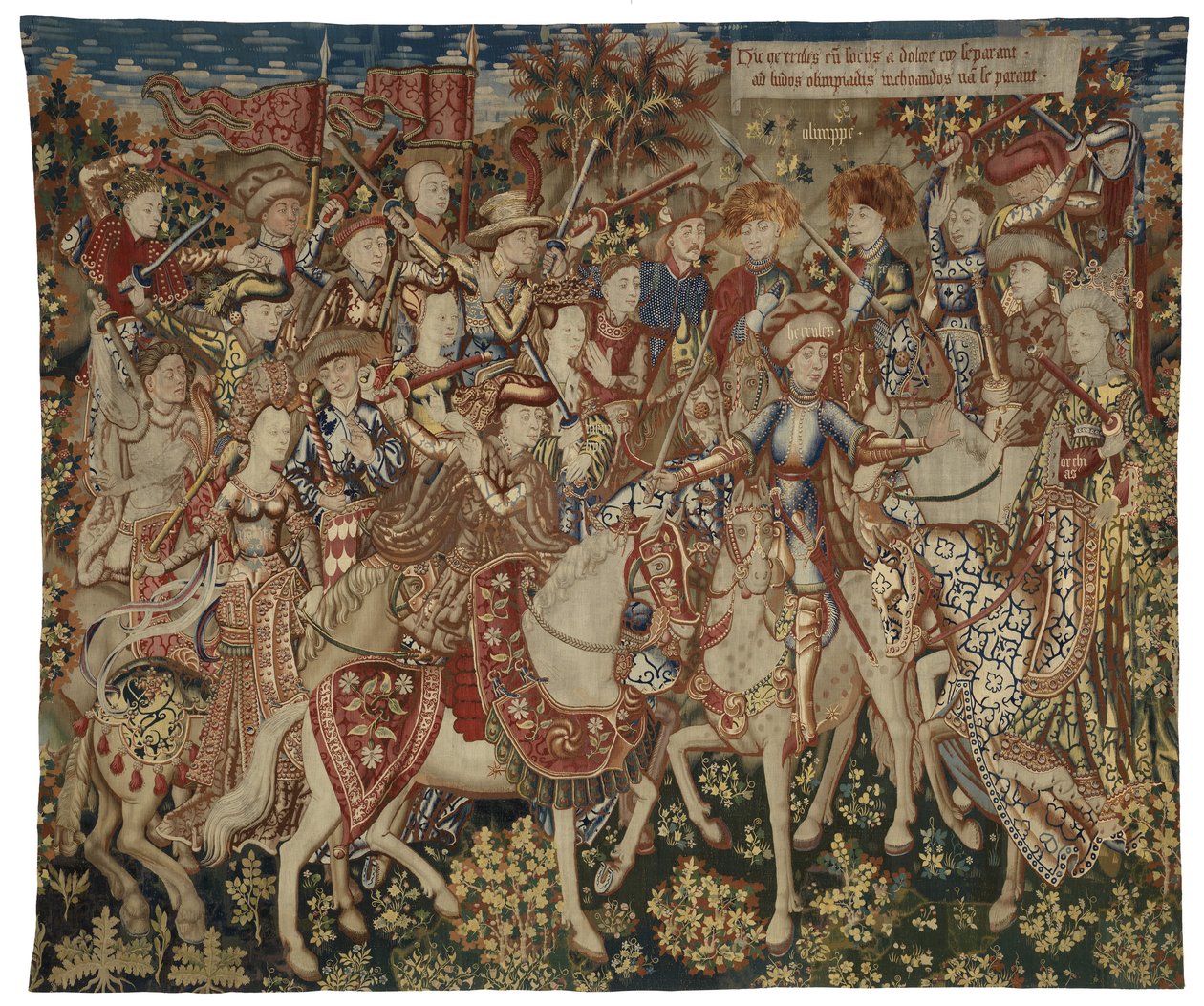 Gobelín s Herkulem a jeho společníky na hoře Olymp, možná vyrobený v Tournai, kolem 1465-70 (vlna a hedvábí) od Flemish School