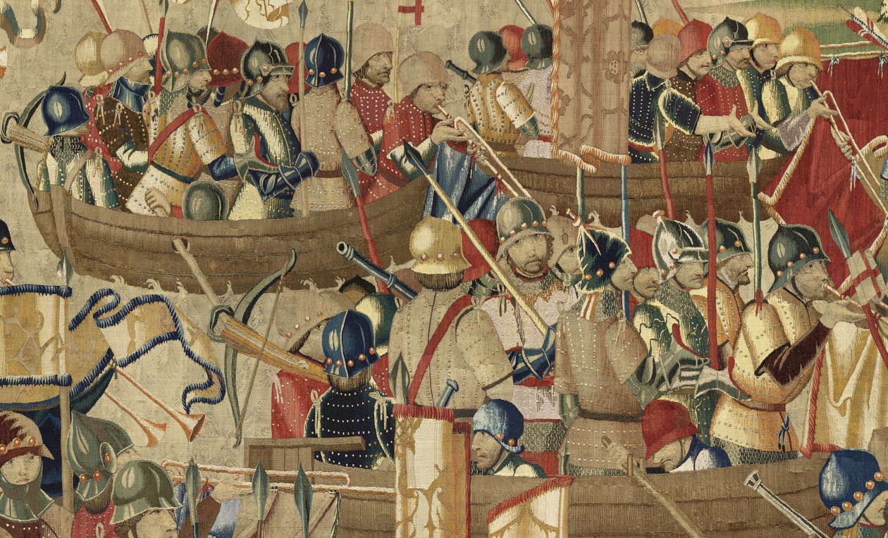 Tapiserie zobrazující dobytí krále Alfonsa V. Portugalska (Conquistas de Alfonso V de Portugal), Tournai. Detail. (Vlna a hedvábí) od Flemish School