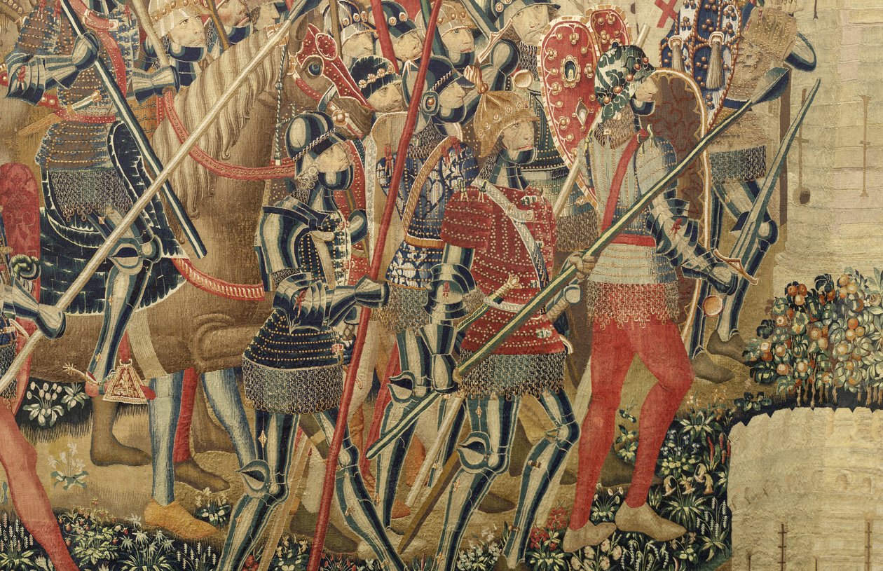 Tapiserie zobrazující dobytí krále Alfonsa V. Portugalska (Conquistas de Alfonso V de Portugal), Tournai. Detail. (Vlna a hedvábí) od Flemish School