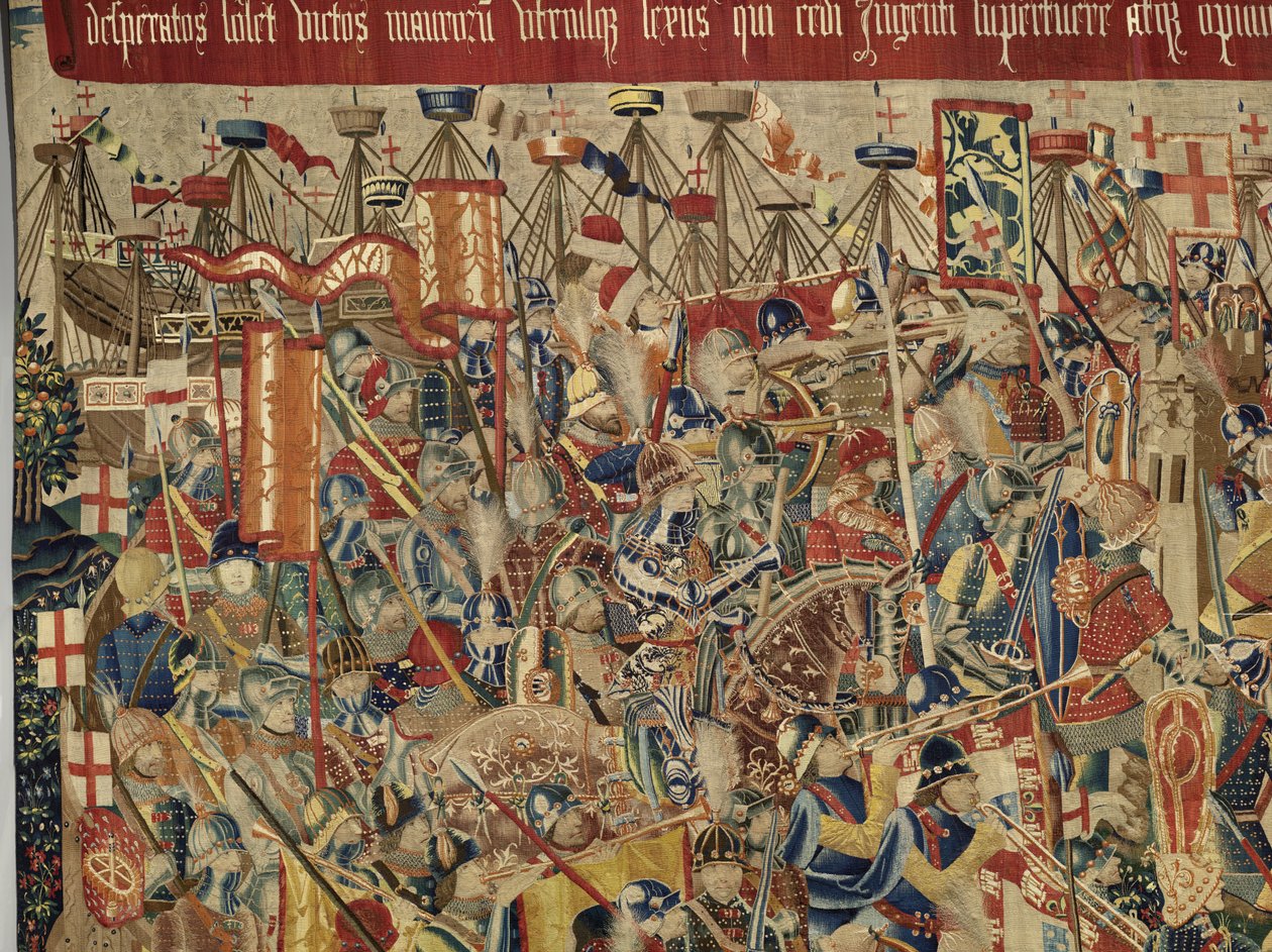 Tapiserie zobrazující dobytí krále Alfonsa V. Portugalska (Conquistas de Alfonso V de Portugal), Tournai. Detail. (Vlna a hedvábí) od Flemish School