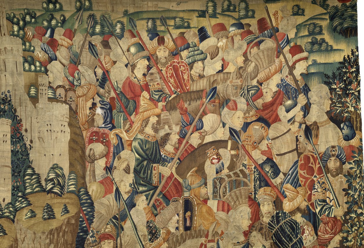 Tapiserie zobrazující dobytí krále Alfonsa V. Portugalska (Conquistas de Alfonso V de Portugal), Tournai. Detail. (Vlna a hedvábí) od Flemish School