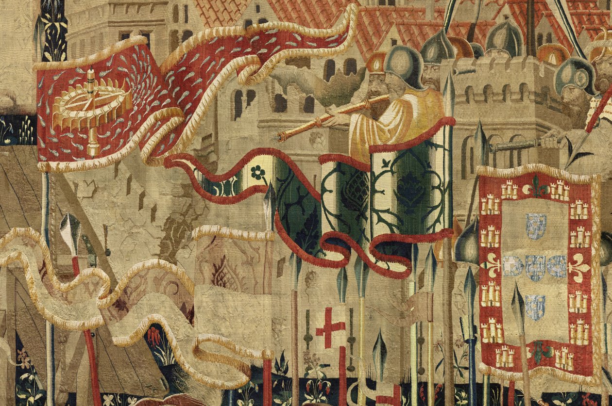 Tapiserie zobrazující dobytí krále Alfonsa V. Portugalska (Conquistas de Alfonso V de Portugal), Tournai. Detail. (Vlna a hedvábí) od Flemish School