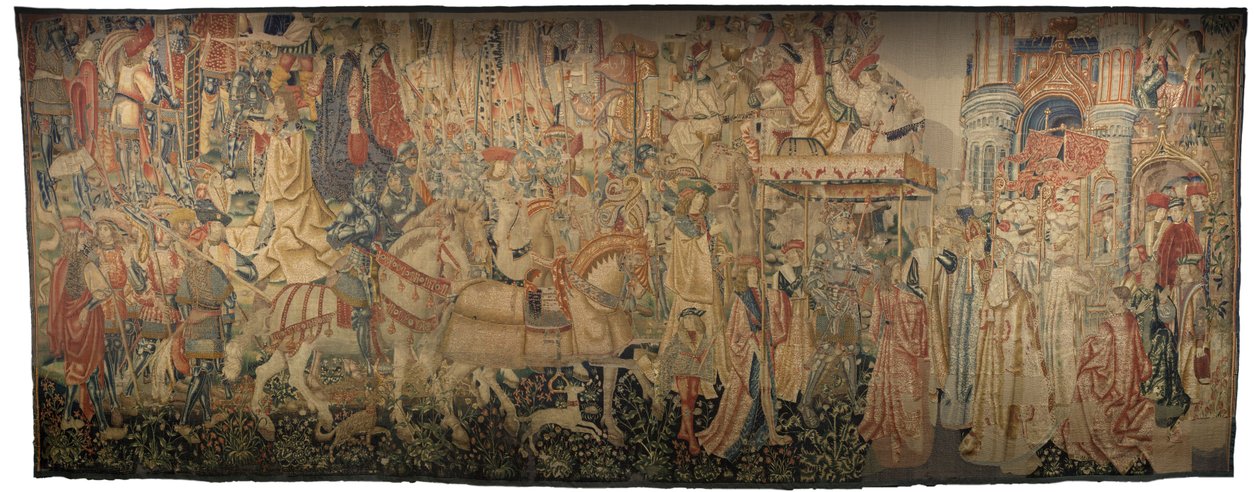 Tapiserie zobrazující dobytí krále Alfonsa V. Portugalska (Conquistas de Alfonso V de Portugal), Tournai. Detail. (Vlna a hedvábí) od Flemish School