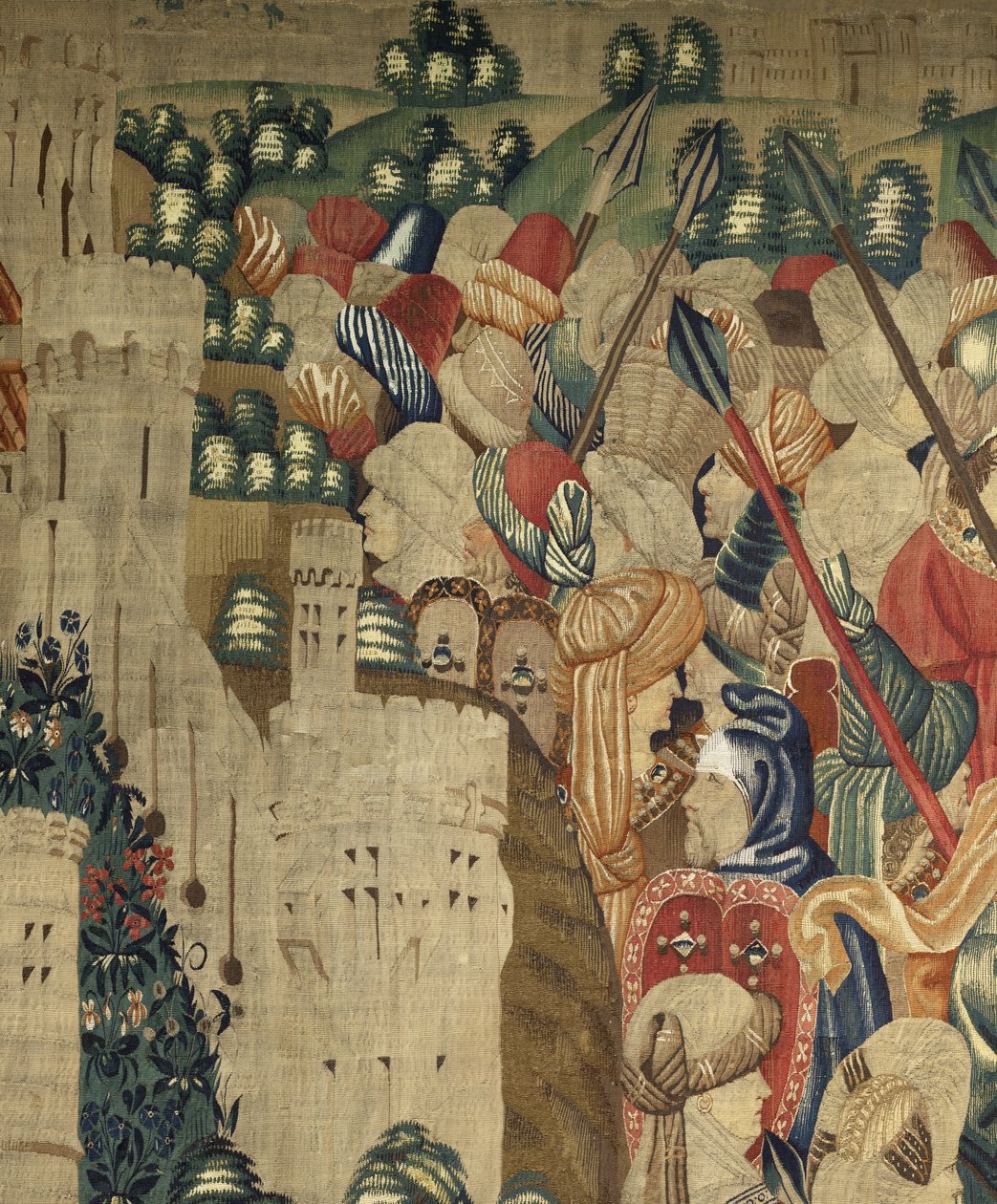 Tapiserie zobrazující dobytí krále Alfonsa V. Portugalska (Conquistas de Alfonso V de Portugal), Tournai. Detail. (Vlna a hedvábí) od Flemish School