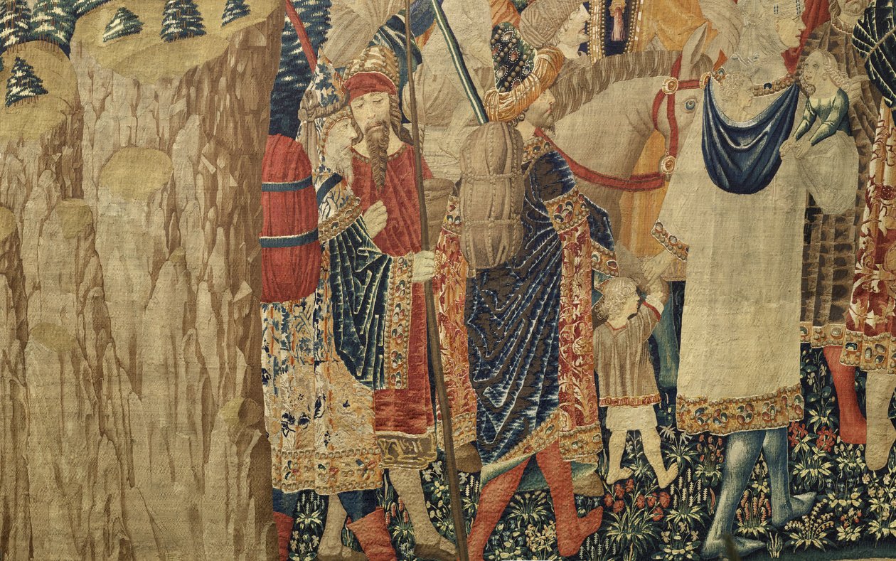 Tapiserie zobrazující dobytí krále Alfonsa V. Portugalska (Conquistas de Alfonso V de Portugal), Tournai. Detail. (Vlna a hedvábí) od Flemish School