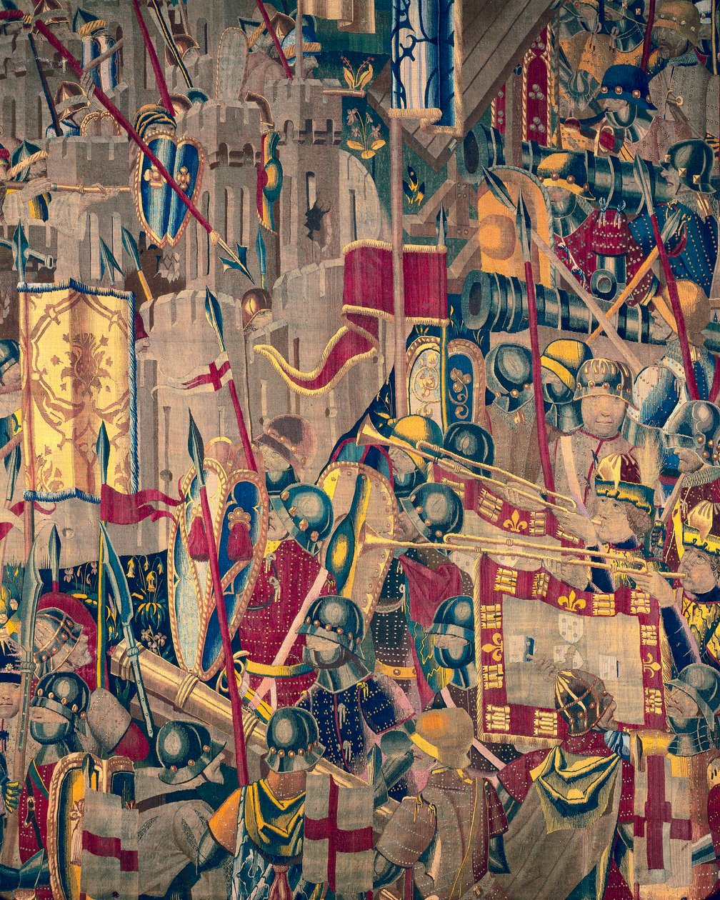 Tapiserie zobrazující dobytí krále Alfonsa V. Portugalska (Conquistas de Alfonso V de Portugal), Tournai. Detail. (Vlna a hedvábí) od Flemish School
