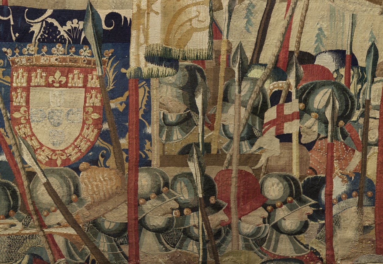 Tapiserie zobrazující dobytí krále Alfonsa V. Portugalska (Conquistas de Alfonso V de Portugal), Tournai. Detail. (Vlna a hedvábí) od Flemish School