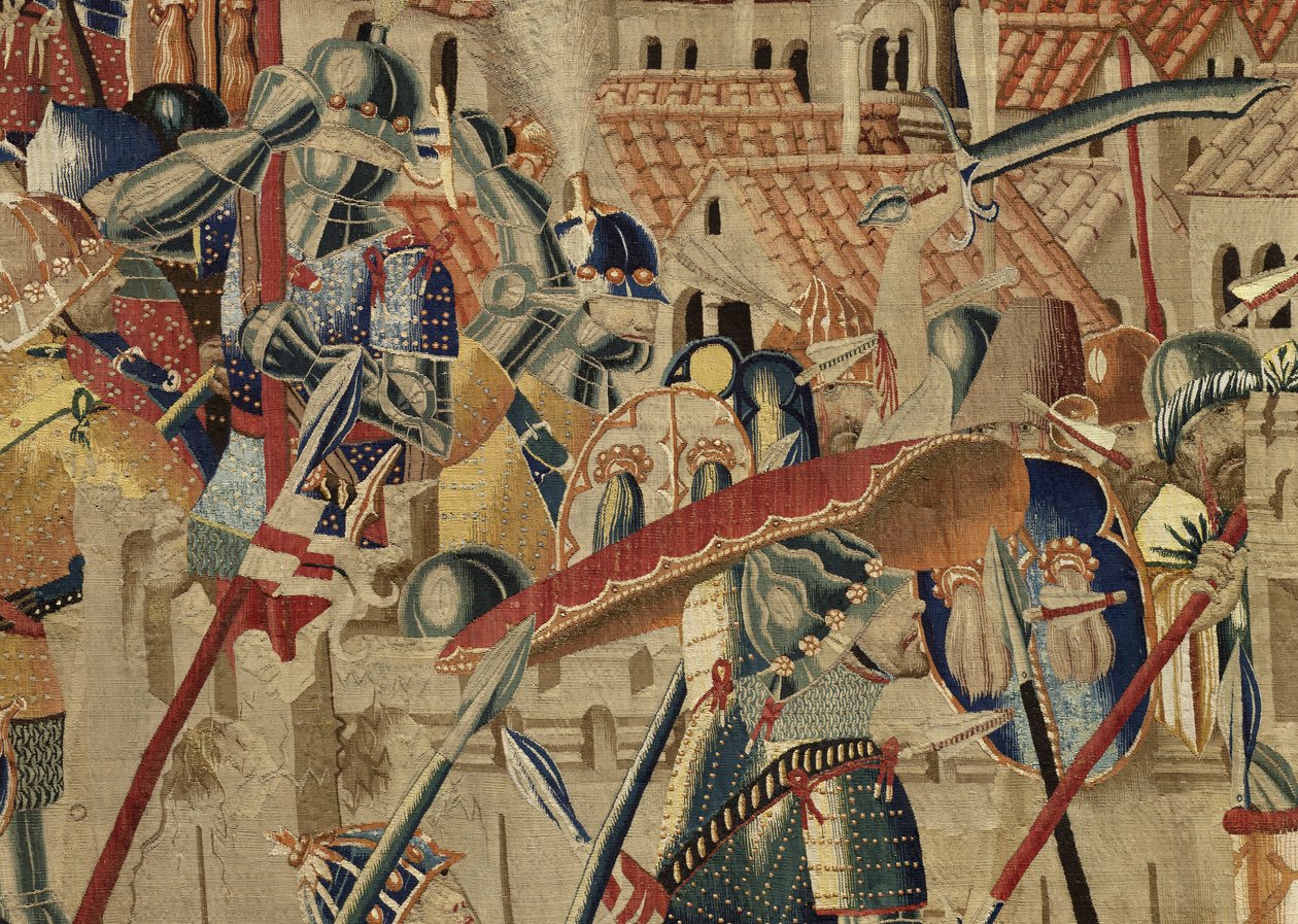 Tapiserie zobrazující dobytí krále Alfonsa V. Portugalska (Conquistas de Alfonso V de Portugal), Tournai. Detail. (Vlna a hedvábí) od Flemish School