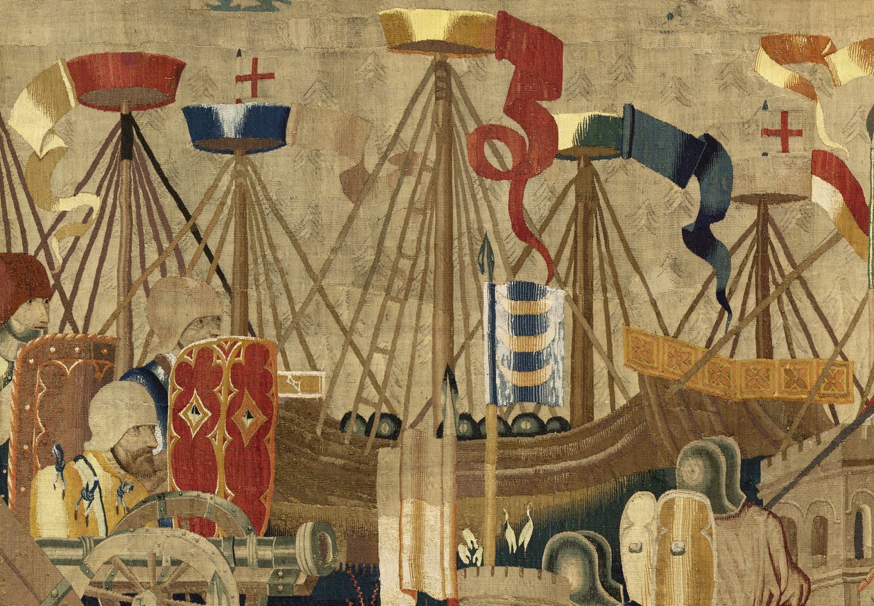 Tapiserie zobrazující dobytí krále Alfonsa V. Portugalska (Conquistas de Alfonso V de Portugal), Tournai. Detail. (Vlna a hedvábí) od Flemish School