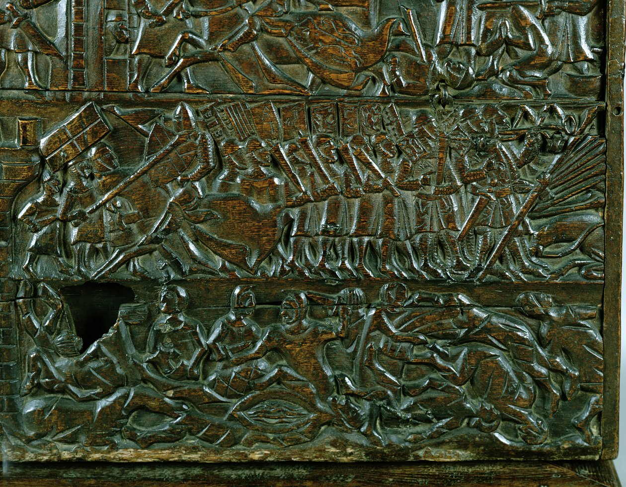Truhla Courtrai zobrazující vlámskou linii bitvy během bitvy o Zlaté ostruhy, vybojovaná u Courtrai v roce 1302 (dřevo) (detail) od Flemish School