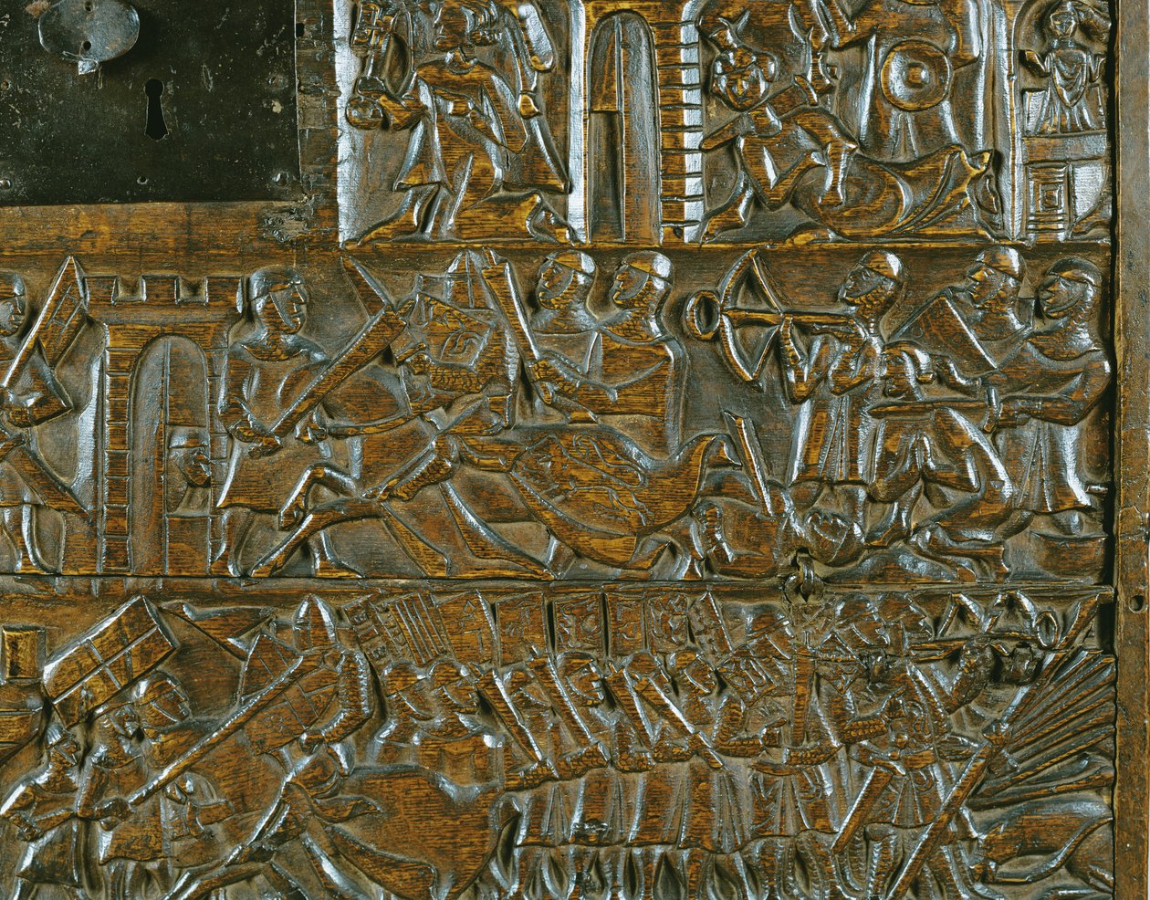 Truhla Courtrai zobrazující povstání v Bruggách 18. května během bitvy o Zlaté ostruhy bojované v Courtrai v roce 1302 (dřevo) (detail) od Flemish School