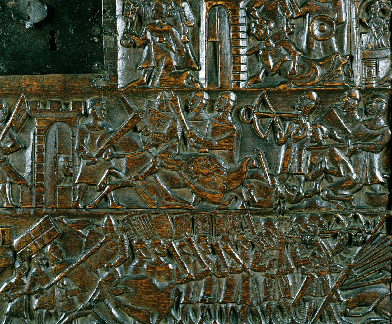 Truhla Courtrai zobrazující dvě scény z bitvy o Zlaté ostruhy vybojované v Courtrai v roce 1302 (dřevo) (detail) od Flemish School