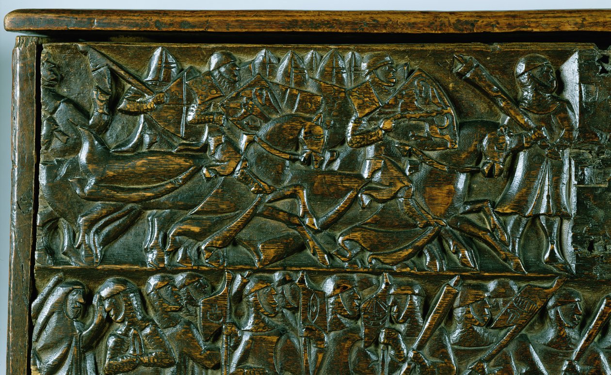 Truhla Courtrai zobrazující dvě scény z bitvy o Zlaté ostruhy vybojované v Courtrai v roce 1302 (dřevo) (detail) od Flemish School