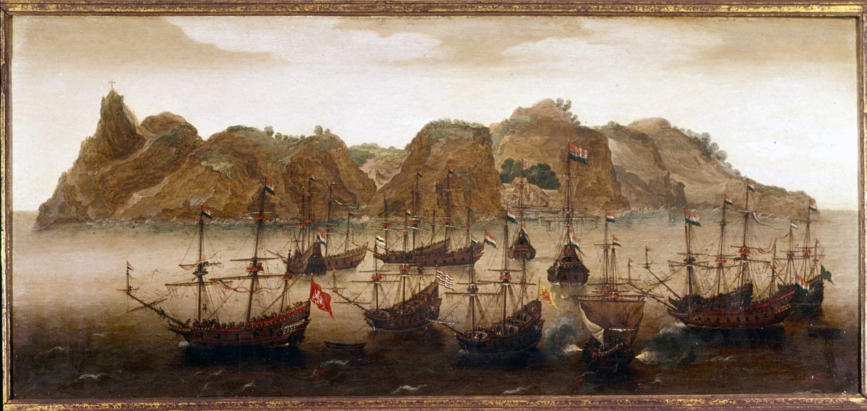 Nizozemská flotila u ostrova Svatá Helena. Olejomalba. 17. století. Námořní muzeum Amsterdam od Flemish School