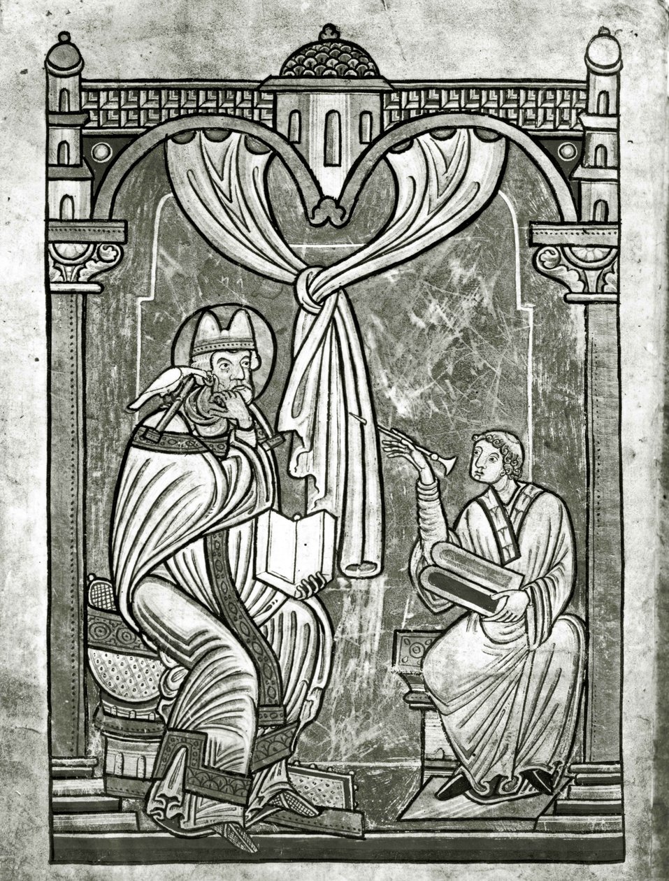 Extázi svatého Řehoře (asi 540-604), kterou zahlédl jáhen Petr přes závěs propíchnutý jeho styletem od Flemish School