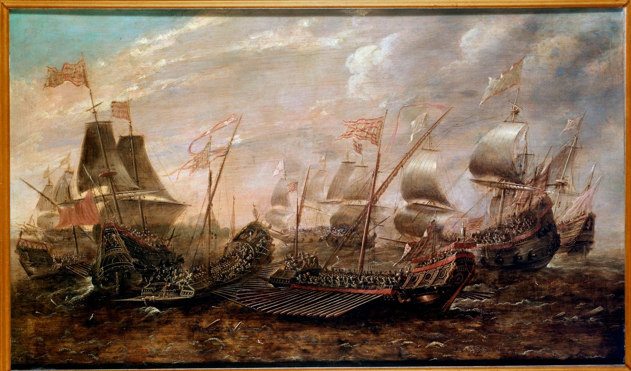 Námořní bitva Invincible Armada, která viděla porážku španělské Armady proti anglické flotile v srpnu 1588, vlámská škola od Flemish School