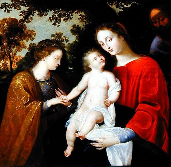 The Mystic Marriage of St. Catherine, c.1625-50 (olej na panelu) od Flemish School