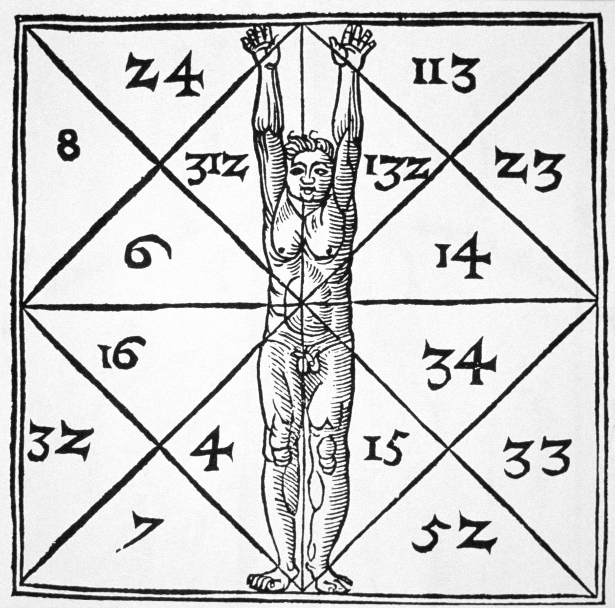 Proporce člověka a jejich okultní čísla z De Occulta Philosophia Libri III, Henricus Cornelius Agrippa (1533), ilustrované v historii magie publikované koncem 19. od Flemish School