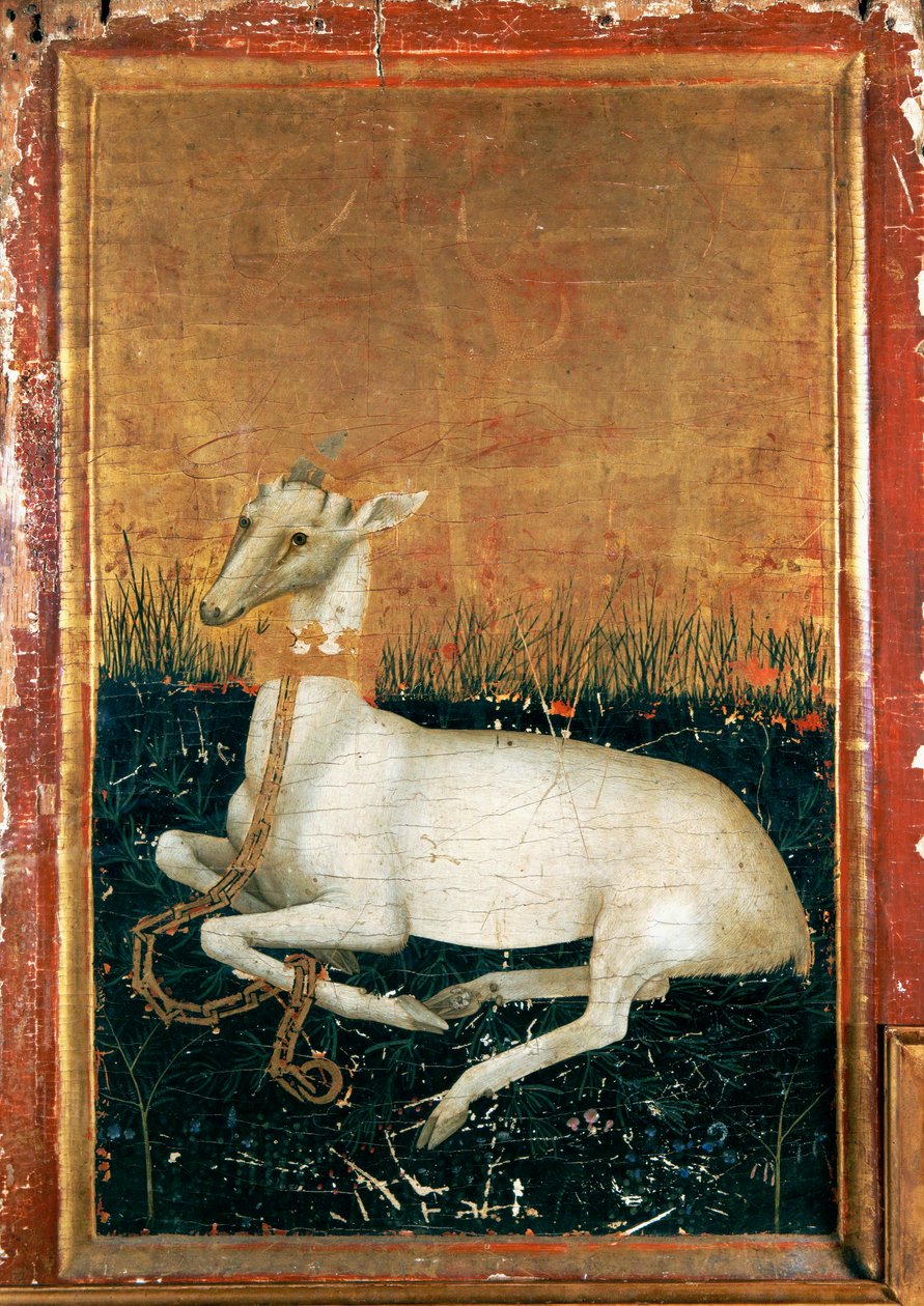 Wiltonský diptych, detail, vpravo vzadu: bílý jelen, znak krále Richarda II. (vaječná tempera na dubovém dřevě) od Flemish School