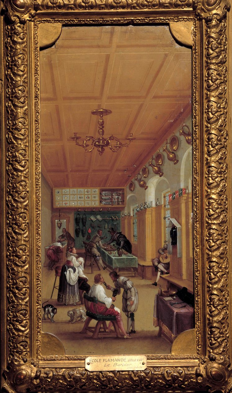 Holičství““ Obraz vlámské školy. počátku 17. století. Dijon, Muzeum výtvarných umění od Flemish School